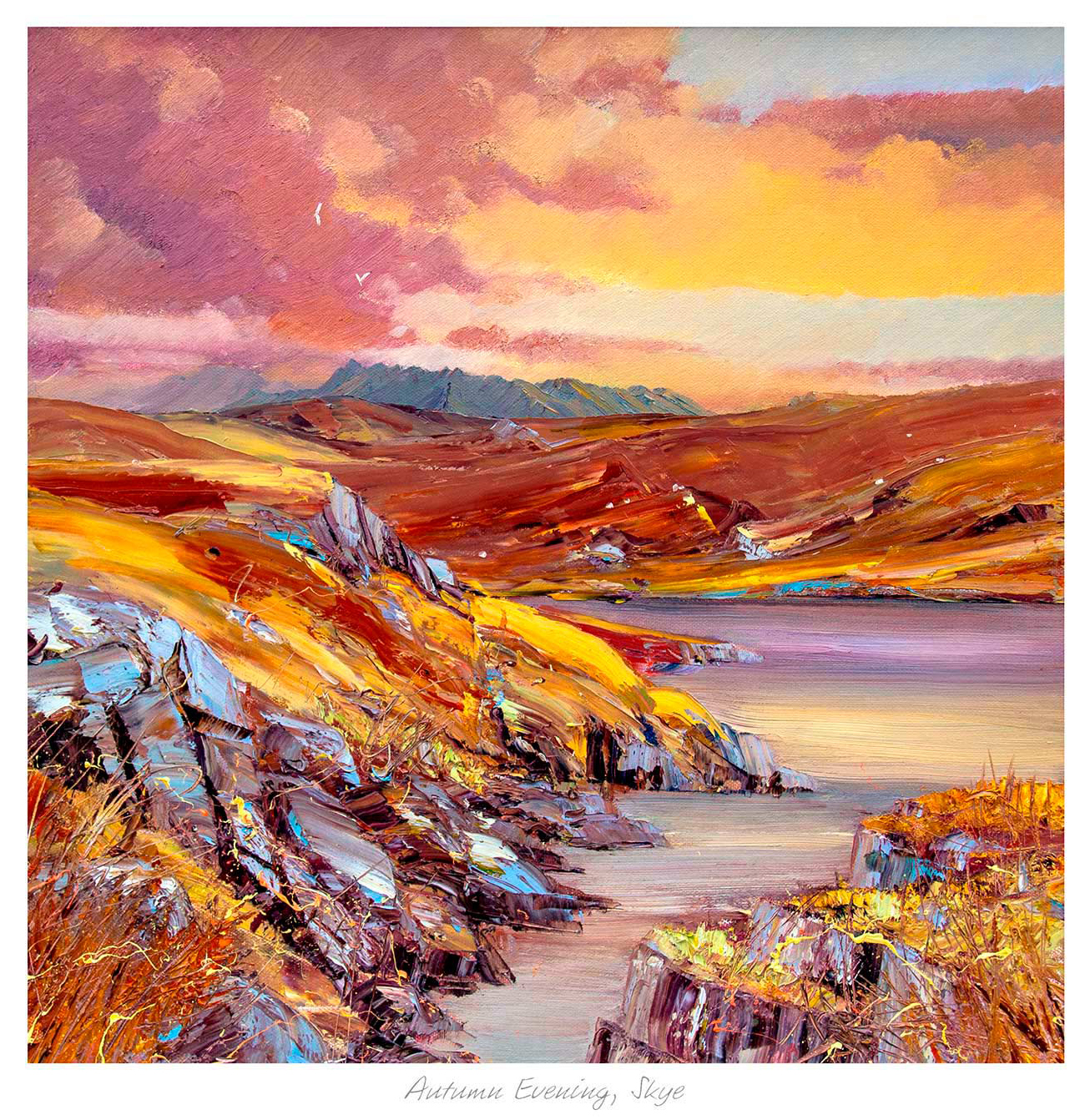 A vibrant painting depicting an autumn evening landscape with colorful skies and a view of the coast on the Isle of Skye. By John Bathgate