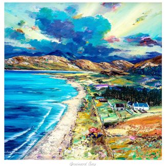 A vibrant painting depicting the dynamic landscape of Gruinard Bay with vivid blues of the sea, lush terrain, and expressive skies. By John Bathgate