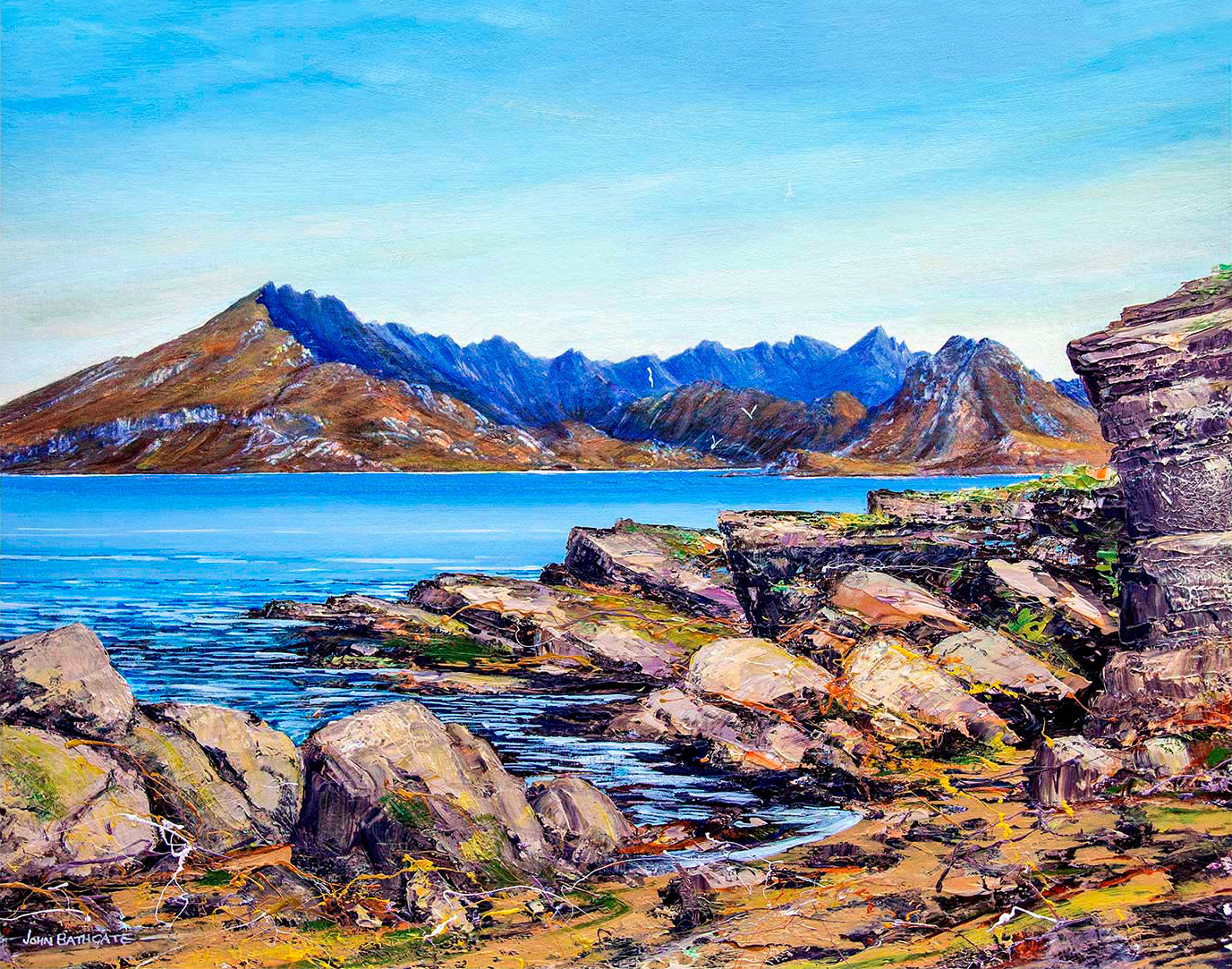 A vibrant painting of a coastal landscape with mountains in the background and rocky shores in the foreground. By John Bathgate