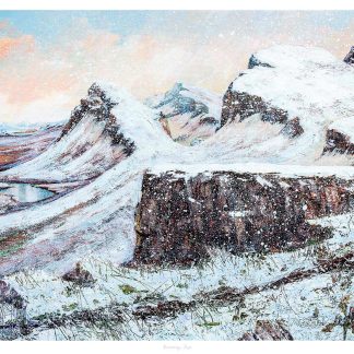 A painting of a snowy landscape with rugged hills and a sparsely vegetated foreground under a sky with hints of blue and pink. By John Bathgate