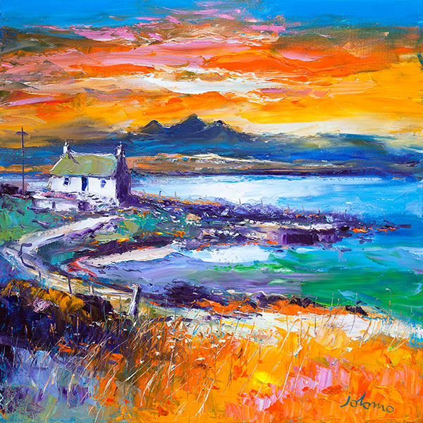A vibrant painting of a coastal landscape with a house, sea, and a colorful sky at sunset or sunrise. By John Lawrie Morrison OBE