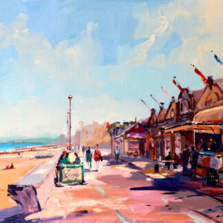 An impressionist style painting depicting a sunny beachfront promenade with people, shops, and a clear blue sky. By Joseph Maxwell Stuart