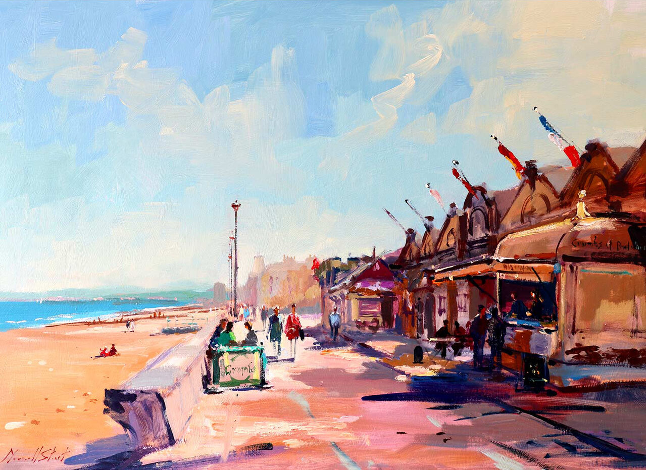 An impressionist style painting depicting a sunny beachfront promenade with people, shops, and a clear blue sky. By Joseph Maxwell Stuart