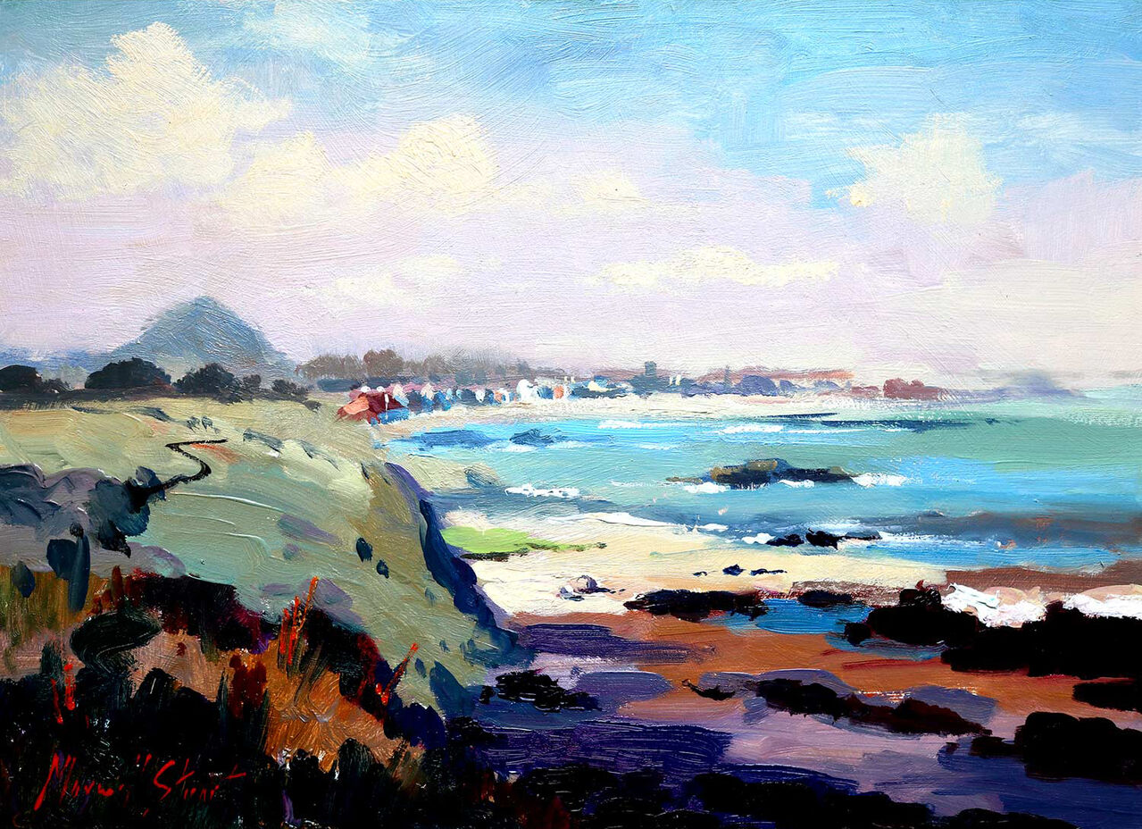 A vibrant painting of a coastal landscape with a blue sea, sky, and a hint of a town in the distance. By Joseph Maxwell Stuart