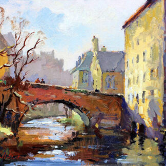 A vibrant oil painting depicting a quaint village scene with a stone bridge over a canal and buildings in warm tones. By Joseph Maxwell Stuart