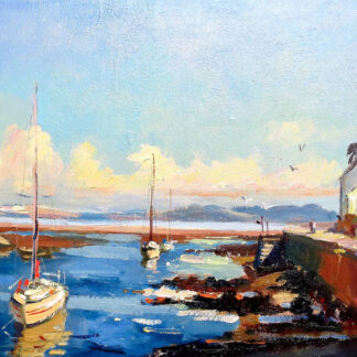 The image depicts a vibrant coastal scene with boats moored near a dock, reflective water, and buildings under a partly cloudy sky. By Joseph Maxwell Stuart