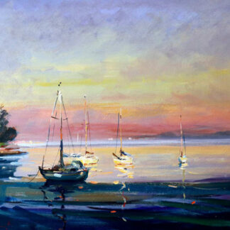 The image depicts a serene waterfront scene at sunset with boats on calm waters under a vibrant, colorful sky. By Joseph Maxwell Stuart