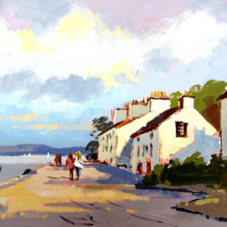 A painting of a sunny seaside walkway with people, white houses on one side, and boats on the water. By Joseph Maxwell Stuart