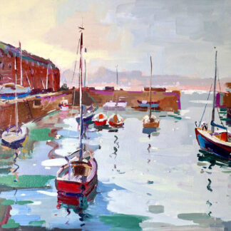 A vibrant painting depicting boats moored in a calm harbor with buildings along the waterfront and a cloudy sky. By Joseph Maxwell Stuart