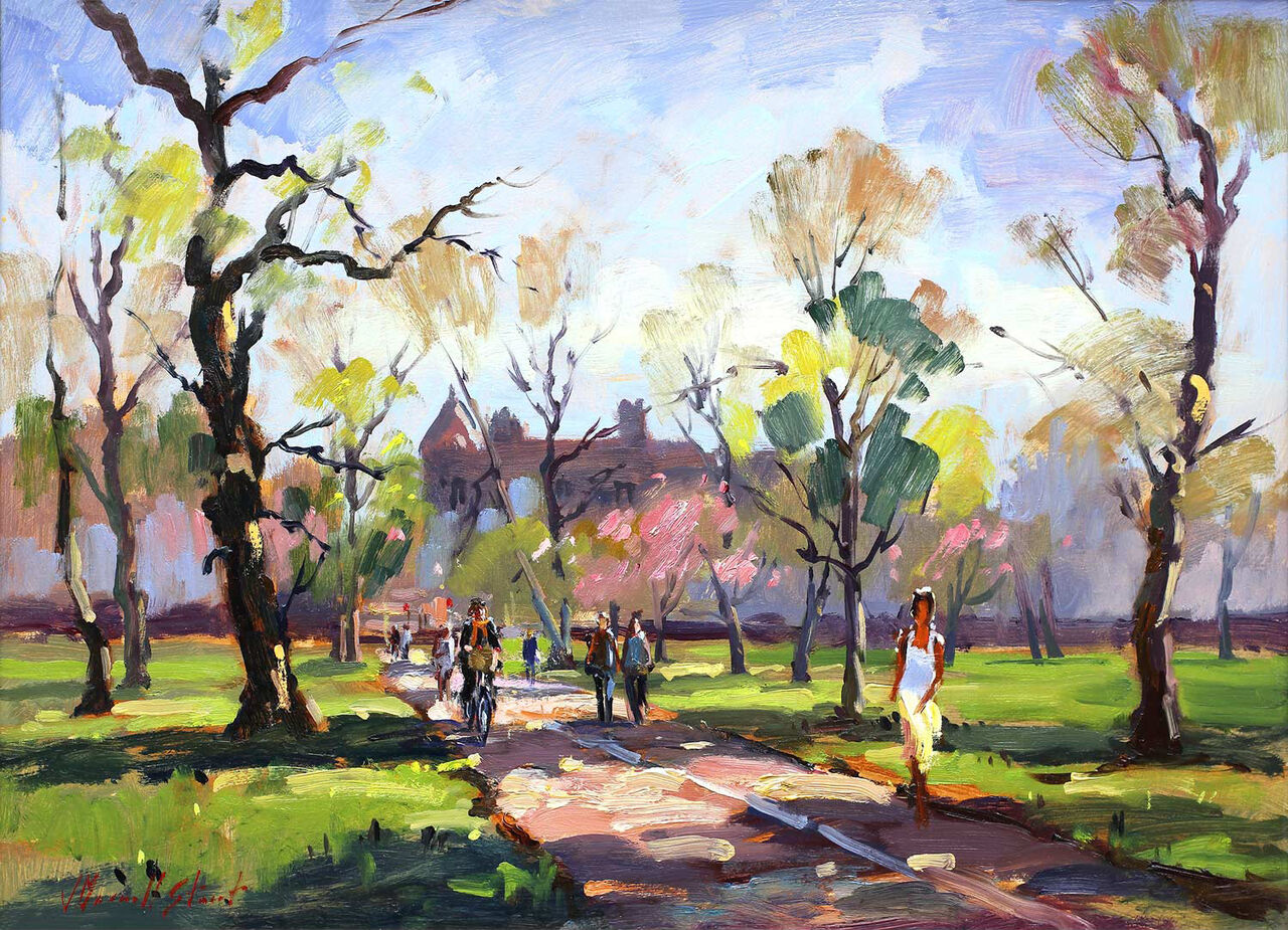 An impressionistic painting depicting people strolling through a vibrant, sunlit park with tall trees and dappled shadows on the path. By Joseph Maxwell Stuart