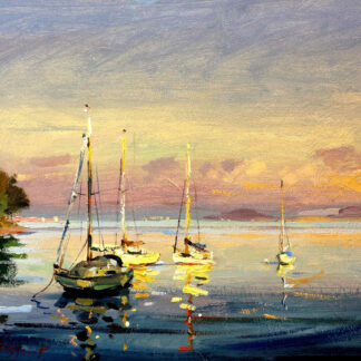 The image depicts several sailboats on calm water with a colorful sunset sky reflecting off the water's surface. By Joseph Maxwell Stuart