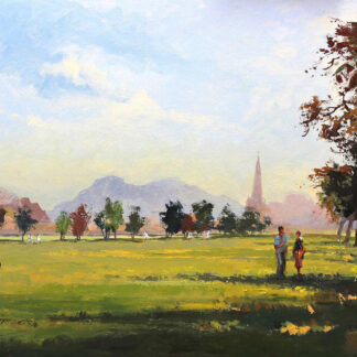 A painting of a tranquil park scene with people, trees, and distant mountains under a vast, cloud streaked sky. By Joseph Maxwell Stuart