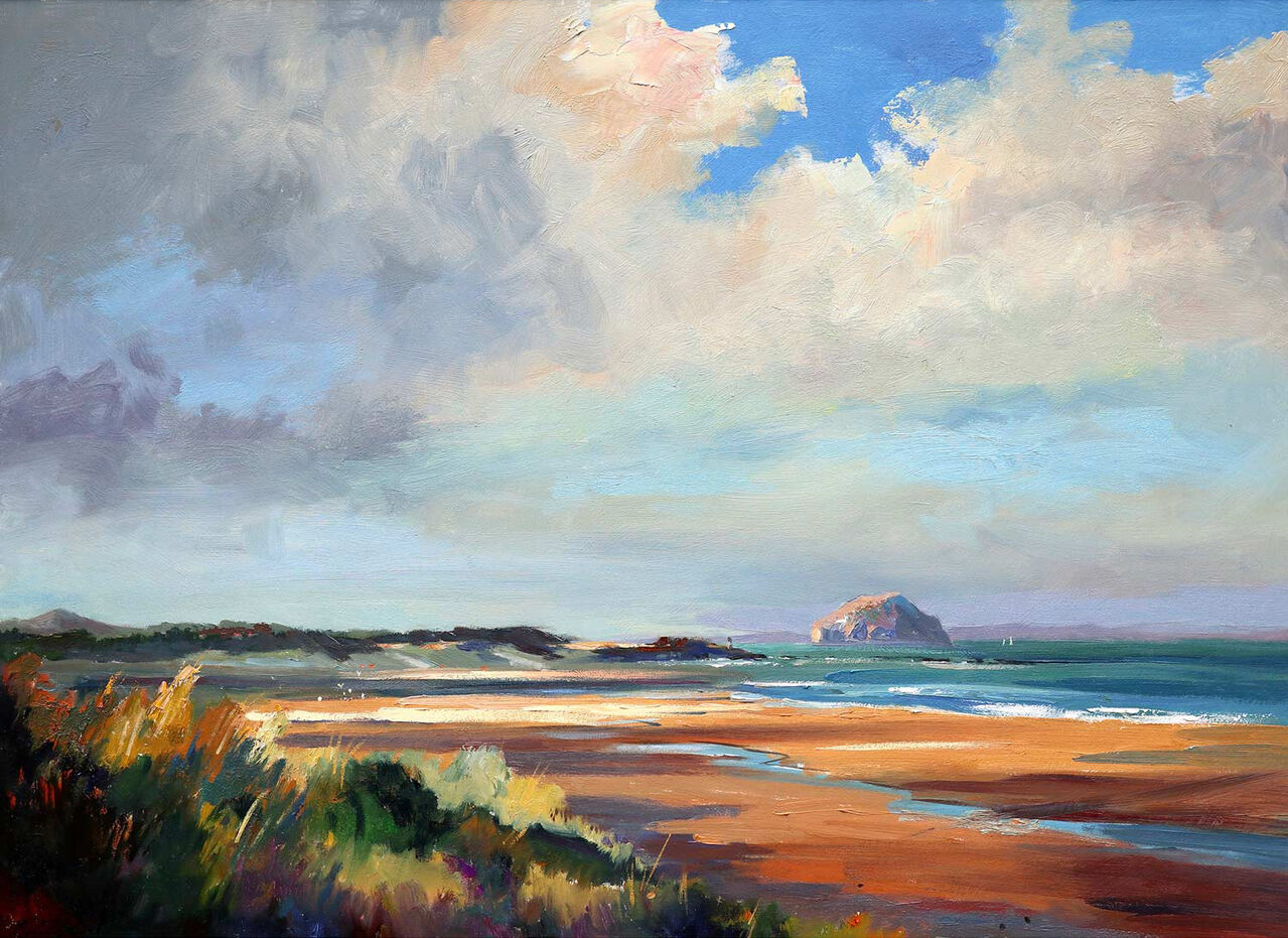 A vibrant painting of a coastal landscape with blue skies, fluffy clouds, and a distant rock formation on the horizon. By Joseph Maxwell Stuart