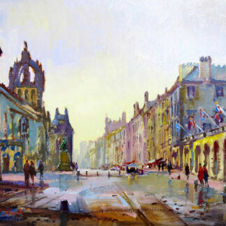 An impressionist-style painting depicting a bustling city street scene with colorful buildings and figures under a luminous sky. By Joseph Maxwell Stuart