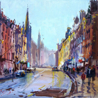 A vibrant impressionistic painting of a bustling city street with vehicles and buildings under a hazy sky. By Joseph Maxwell Stuart