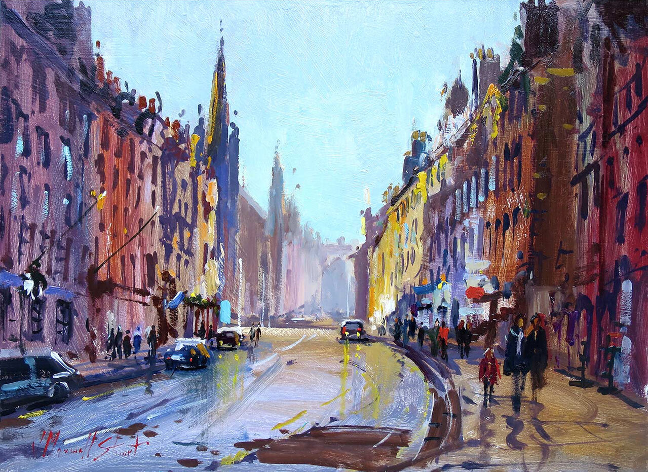 A vibrant impressionistic painting of a bustling city street with vehicles and buildings under a hazy sky. By Joseph Maxwell Stuart