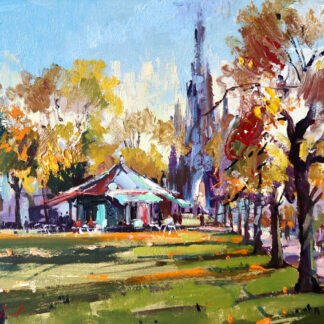 A vibrant impressionist-style painting of a park with trees, people, and a building, under bright, dappled sunlight. By Joseph Maxwell Stuart