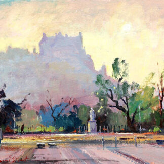 The image depicts an impressionistic painting of a vibrant, sunlit landscape with trees, a statue, and a figure in the foreground. By Joseph Maxwell Stuart