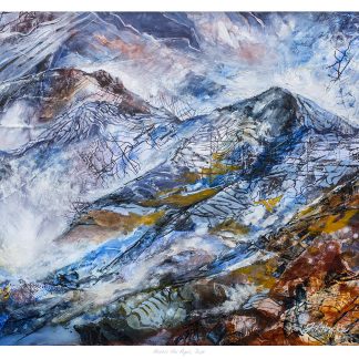 The image displays an abstract colorful painting resembling a mountainous landscape with varied brushstrokes and textures. By Julie Arbuckle