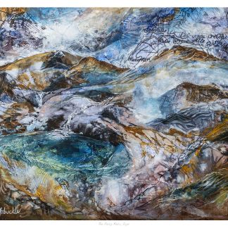 The image displays an abstract, textured painting that portrays a dynamic and colorful interpretation of a mountainous landscape. By Julie Arbuckle