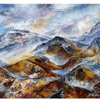 The image features a vibrant, textured painting of a mountainous landscape with dynamic brush strokes and a mix of cool and warm colors. By Julie Arbuckle