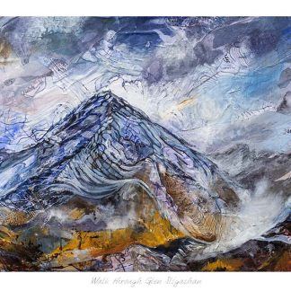 An abstract textured painting depicting a vibrant and dynamic mountainous landscape with a mix of cool and warm tones. By Julie Arbuckle