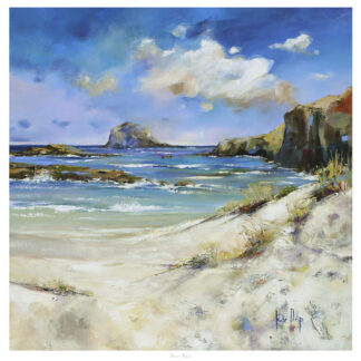 The image is a colorful painting of a serene beachscape with rock formations in the distance, under a dynamic, cloudy sky. By Kate Philp