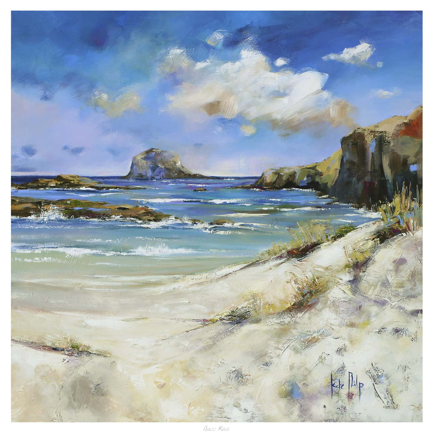 The image is a colorful painting of a serene beachscape with rock formations in the distance, under a dynamic, cloudy sky. By Kate Philp