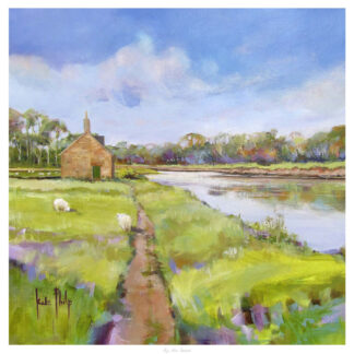 The image depicts a pastoral landscape painting with a cottage, a path, sheep, trees, and a river under a clear sky. By Kate Philp