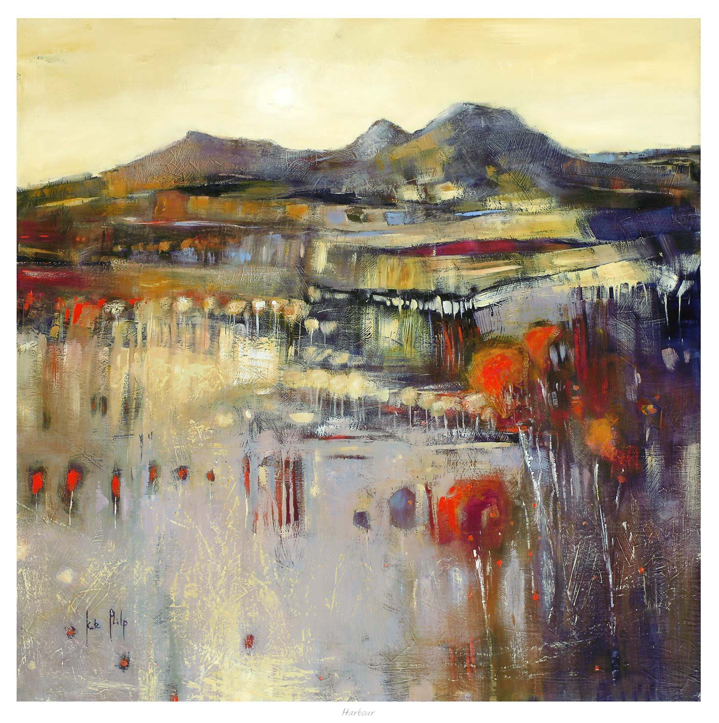 This is an abstract painting featuring warm tones, with a representation of a landscape that possibly includes mountains and reflections on water. By Kate Philp