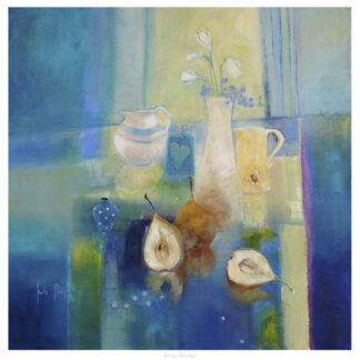 An impressionistic painting featuring a still life with a vase, pears, a jug, and a small blue-patterned object on a table with a multicolored background. By Kate Philp