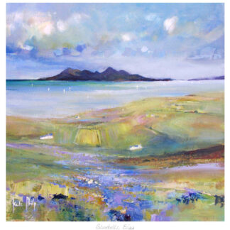 A colorful impressionist-style painting of a coastal landscape with mountains in the background and a signature in the bottom corner. By Kate Philp