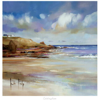 An impressionistic painting of a coastal landscape with a dynamic sky, rough sea, and a beach, signed by Kate Philp.
