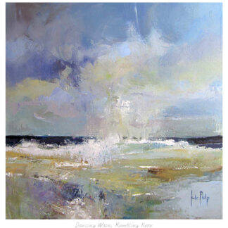 The image features an abstract coastal seascape painting with dynamic brushstrokes and a blend of soft and bold colors. By Kate Philp