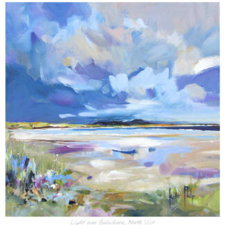 A vibrant painting depicting a bright, cloud-filled sky above a tranquil landscape with reflective water and scattered florals in the foreground. By Kate Philp