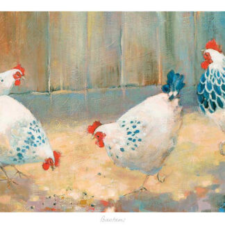 A colorful painting depicting a group of chickens with an abstract background. By Kate Philp