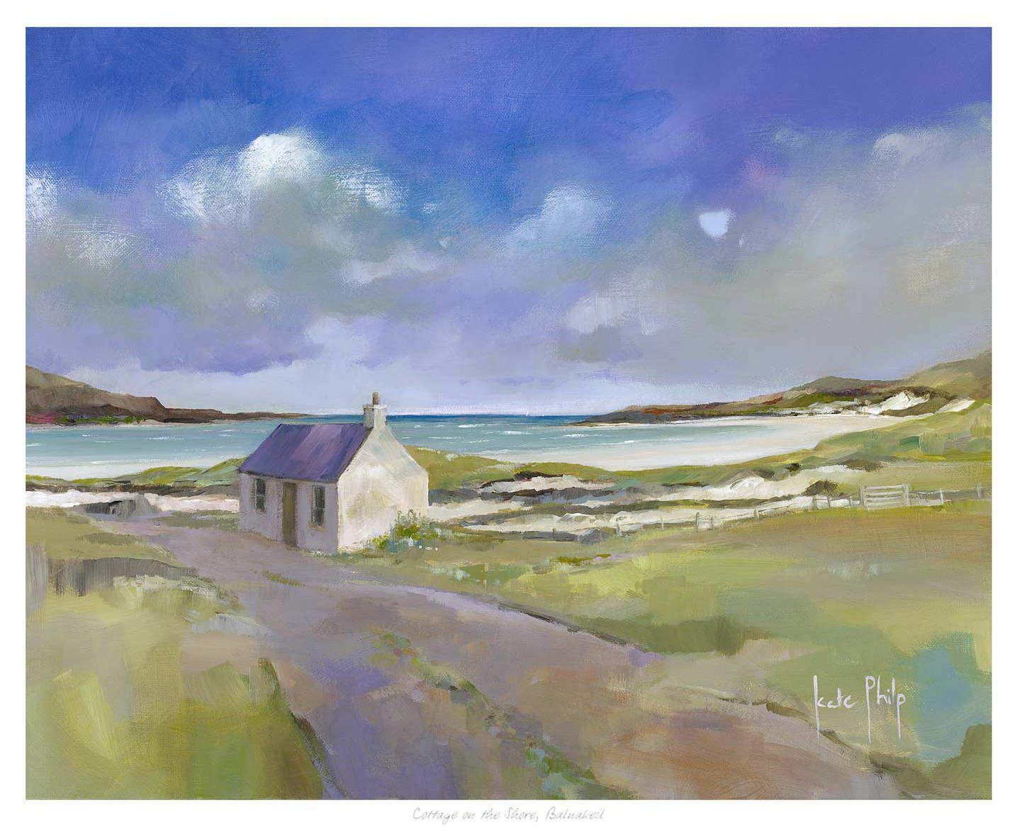 A painting of a solitary cottage by the seaside with a road leading to it under a cloudy sky. By Kate Philp
