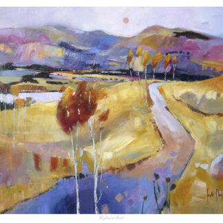 The image shows a colorful, abstract landscape painting with a road winding through rolling hills and trees under a pastel sky. By Kate Philp