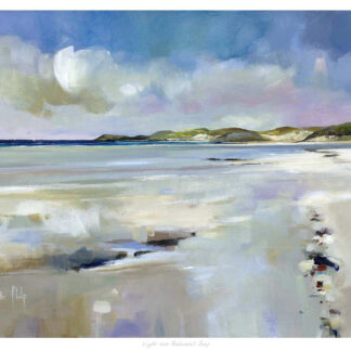 A painting depicting a serene beachscape with clouds reflecting on wet sand and a hint of greenery in the distance. By Kate Philp