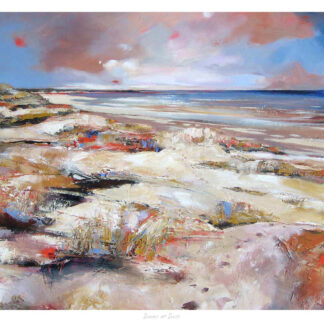 The image is a vibrant, colorful painting depicting a beach scene with textured strokes and highlights of red and blue in the sky. By Kate Philp