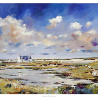 The image is a colorful painting of a coastal landscape with a house, water reflections, and a vast sky with clouds. By Kate Philp