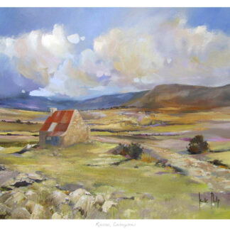 A painting of a rustic house in a serene countryside landscape with expansive skies and gentle rolling hills. By Kate Philp