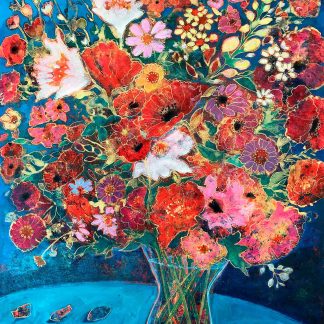 A vibrant painting of a bouquet of assorted flowers in a vase against a blue backdrop. By Keli Clark