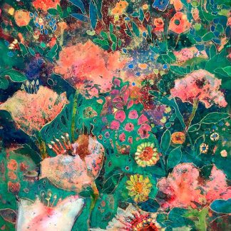 The image displays a vibrant abstract painting with a floral motif, rich in hues of green, pink, and blue. By Keli Clark