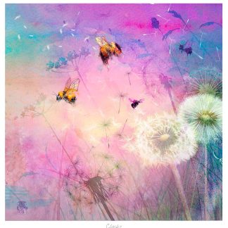 A colorful artistic rendition of dandelions with a watercolor background and floating seeds. By Lee Scammacca