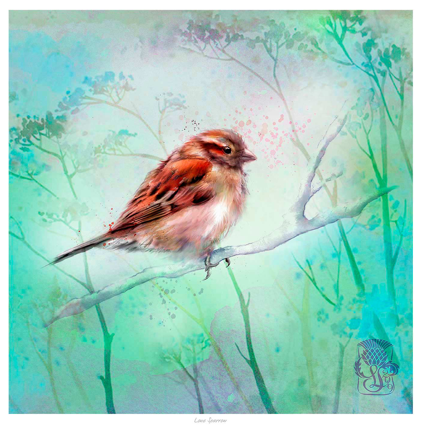 A colorful artistic representation of a small bird perched on a branch with an abstract background simulating foliage. By Lee Scammacca