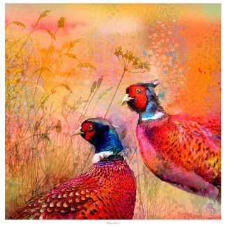 The image shows an artistic, colorful representation of two pheasants against a backdrop of wild grass and a warm, textured sky. By Lee Scammacca