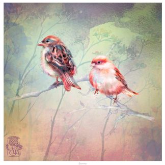 Two stylized birds, one brown and one pink, perched on a branch against a soft-hued, textured background with a decorative symbol in the bottom left corner. By Lee Scammacca