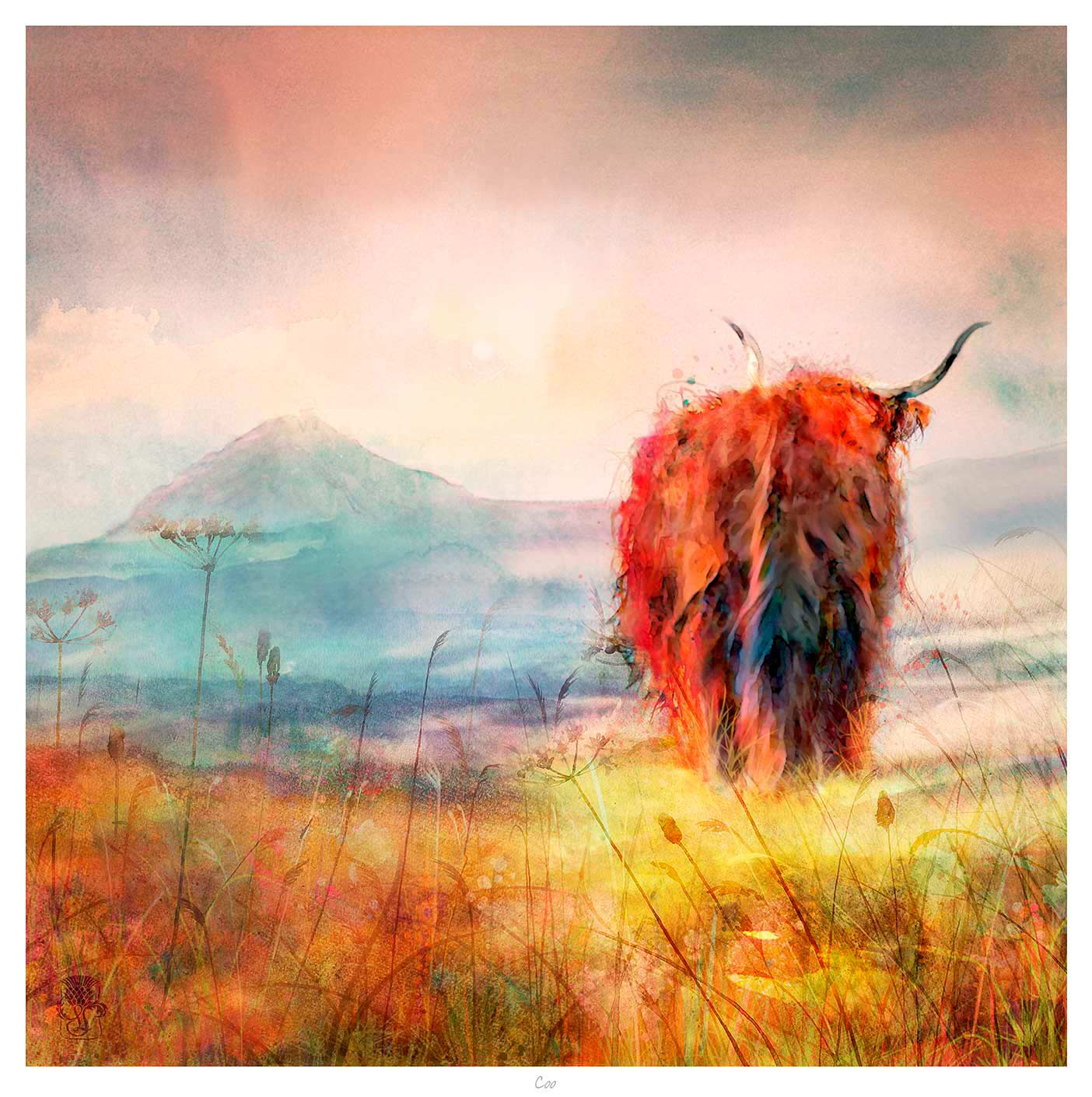 A vibrant, abstract painting of a bull with a fiery red and orange texture, standing in a colorful, impressionistic landscape with mountains in the background. By Lee Scammacca