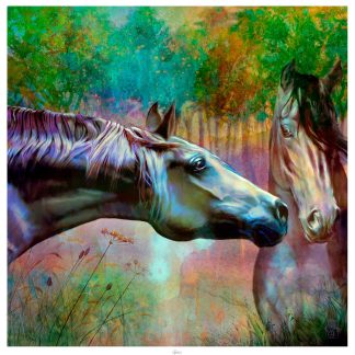 A vibrant artwork featuring two horse heads with a colorful, abstract background. By Lee Scammacca